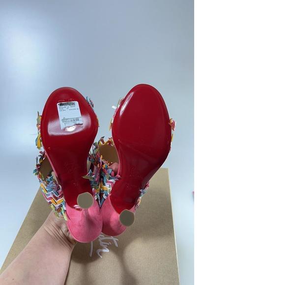 Meroine Pink Rainbow Woven 85mm raffia fringe heels mules D973 - Picture 10 of 11